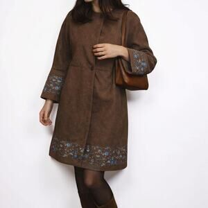 Vintage Y2K Emilio Pucci Wool Silk Lined Floral Hem Leather Trim Coat Size 8